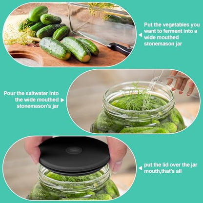 Wide Mouth Mason Jar Fermentation Lids – Silicone Fermenting Caps with Waterless Airlock, Self-Burping Fermenter Tops for Pickles, Kimchi, and Probiotic Foods, 3 Pack Black (Jars Not Included) - color: Black