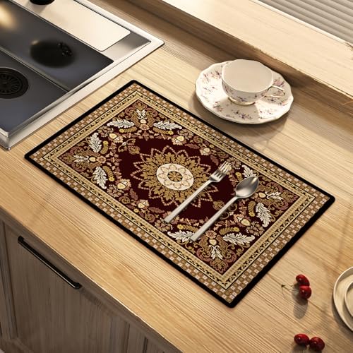 Dish Drying Mat Bohemian Absorbent Coffee Mat Rubber Backed Moroccan Soft Silicone Kitchen Dish Draining Mat for Kitchen Bathroom Coffee Bar (Moroccan, 12 x 16 Inches) - size: 16" x 12"