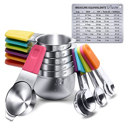 Measuring Cups, U-Taste Magnetic Measuring Cups and Spoons Set of 13 in 18/8 Stainless Steel: 7 Measuring Cups and 5 Measuring Spoons with 1 Professional Magnetic Measurement Conversion Chart - size: (03) Cup&Spoon Set of 13 (Magnetic Handle)