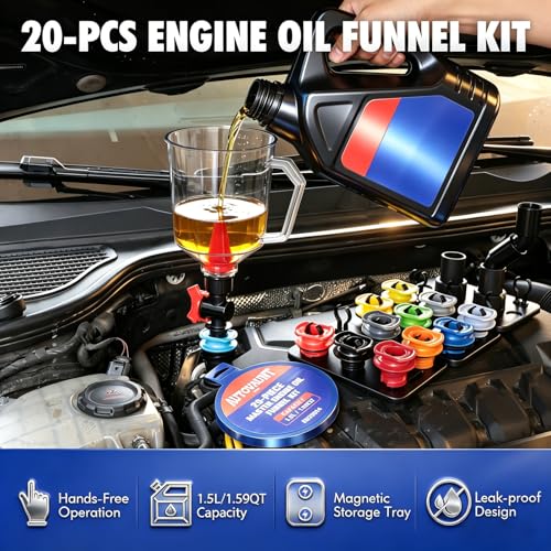 20-Piece Oil Funnel Kit, Engine Oil Funnel Kit 1.59QT/1.5L, Spill-Proof Oil Change Kit with 12 Adapters, Shut-Off Valve, Elbow Fitting, Magnetic Storage System, No Spill Funnel for Automotive