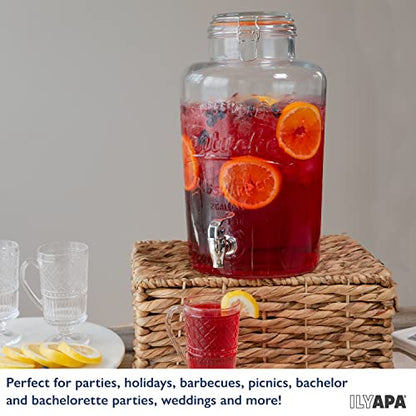 Ilyapa 2 Gallon Glass Beverage Dispenser - Wide Mouth Mason Jar Drink Dispenser - with Glass Flip Top Lid for Parties, Weddings, Lemonade, Cold Water - size: 2 Gallon Flip Top