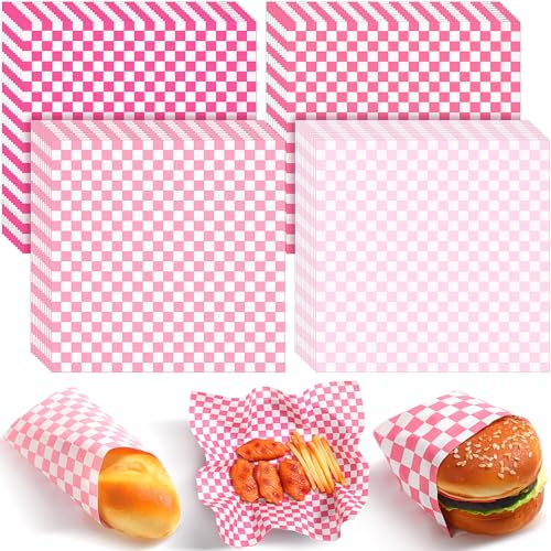 Spakon 1000 Sheets Wax Deli Paper Sheets for Food 12 x 12 Inch Checkered Dry Waxed Deli Basket Liners for Sandwich Wrapping, Food Basket Liners, Picnic party(Pink-white) - color: pink and white