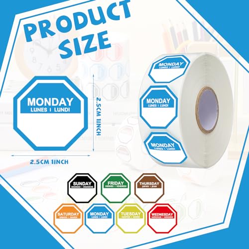 Sayglossy 7000 Pcs Day of Week Label Food Label Monday Through Sunday Management Inventory Sticker Removable Weekly Self Adhesive Date Dot Sticker for Restaurant Kitchen Container (Octagon) - style: Octagon
