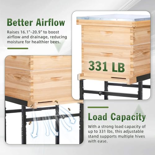 Bee Hive Stand for 8 & 10 Frame Beehive Boxes, Metal Bee Hive Stand, Adjustable Height 16.1"-20.9" & Adjustable Width 15"-19", Easy to Assemble Bee Stand for Beekeeping Supplies & Tools (Black)