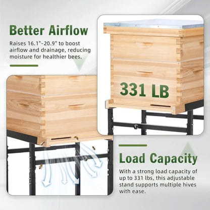 Bee Hive Stand for 8 & 10 Frame Beehive Boxes, Metal Bee Hive Stand, Adjustable Height 16.1"-20.9" & Adjustable Width 15"-19", Easy to Assemble Bee Stand for Beekeeping Supplies & Tools (Black)