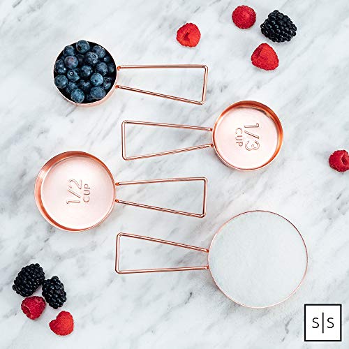 Copper Measuring Cups and Spoons Set – 8-Piece Stackable Stainless Steel Metal Measuring Utensils – Stylish and Sturdy Rose Gold Kitchen Accessories for Baking and Cooking - color: Copper