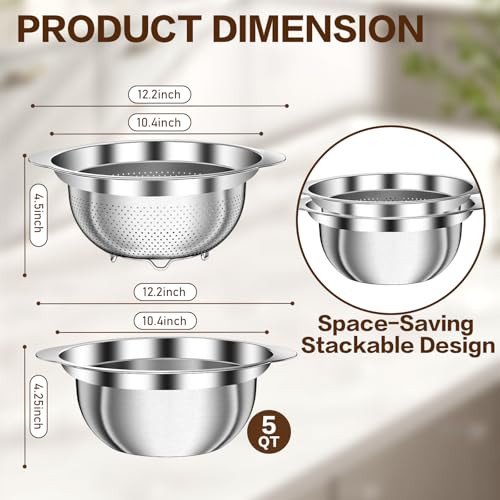 Colander, Strainer Bowl, Stainless Steel Colander, Rice Washing Bowl, Pasta Strainer & Vegetable Washer, Kitchen Strainer with Mixing Bowl for Draining, Food Prep, Dishwasher Safe, 5QT - size: 5+5QT Bowl