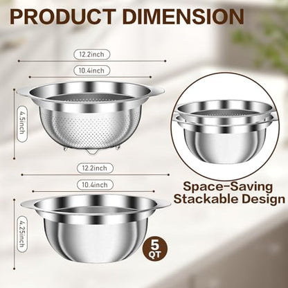 Colander, Strainer Bowl, Stainless Steel Colander, Rice Washing Bowl, Pasta Strainer & Vegetable Washer, Kitchen Strainer with Mixing Bowl for Draining, Food Prep, Dishwasher Safe, 5QT - size: 5+5QT Bowl