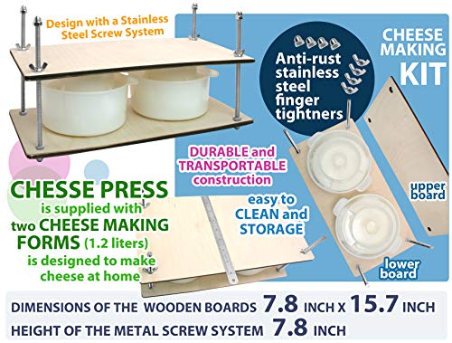 Wooden Cheese Press for Cheese Making Supplies 16in Metal Guides and 2 pcs Cheese Mold with Follower Piston 1.3Qt - large Home Supply Ultimate Cheese Press Machine - Prensa Para Queso Casero