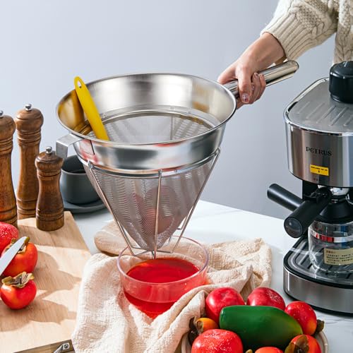 SiliFine 10 Inch Stainless Steel Reinforced Bouillon Sieve Strainer Cone Fine Mesh Strainer with Handle and Rubber Pestle for Kitchen Food Cooking - size: 10 Inch