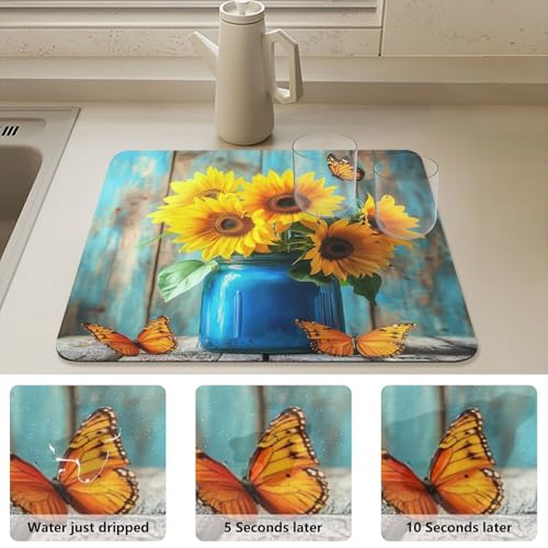 Butterfly Sunflowers Jar Dish Drying Mat for Kitchen Counter Highly Absorbent Coffee Mat Heat Resistant Dish Rack Pad for Sink Utensils Draining Racks 15.7" x 11.8" - size: 15.7x11.8inch