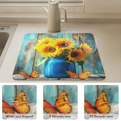 Butterfly Sunflowers Jar Dish Drying Mat for Kitchen Counter Highly Absorbent Coffee Mat Heat Resistant Dish Rack Pad for Sink Utensils Draining Racks 15.7" x 11.8" - size: 15.7x11.8inch