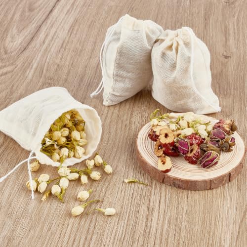TUZAZO 24 Pcs Muslin Bags with Drawstring 3 x 4 inch, Reusable Tea Bags for Loose Leaf Tea, Natural Cotton Unbleached Cheesecloth Small Spice Bag for Cooking Soup Herb Sachet Bag Empty - size: 3x4 inch, 24 pcs