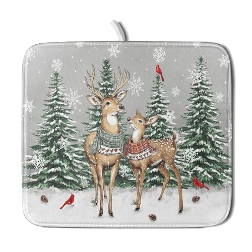 Winter Deer Dish Drying Mat Pine Tree Absorbent Dish Dry Pad Seasonal Microfiber Dish Drainer Mats for Kitchen Counter Coffee Bar 16x18 in - color: Deer Pine Tree, size: 16" x 18"