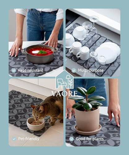 Large Stone Drying Mat for Kitchen Counter, 23.6" x 15.3" Quick Dry Foldable Diatomaceous Earth Dish Drying Mat, Stain-Hiding Design, Eco-Friendly Large Sink Mat for Dishes and Utensils