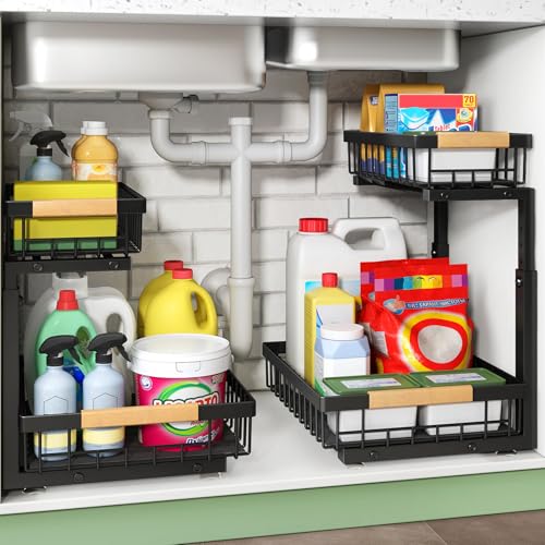 Kitstorack Under Sink Organizer, 2 Tier Under the Sink Storage, Slide out Pull out Cabinet Organizer Shelf, Metal Sliding Drawer for Kitchen Bathroom Pantry Closet Organization Rack, Black, 2 Pack - color: Black, size: 2 Pack
