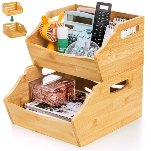 Cididu 2 Pack Bamboo Stackable Storage Bin, Countertop Open Front Stacking Bins, 2 Tier Organize Basket Box with Handle, Food Fruit Container for Cabinet, Kitchen, Studio, Office