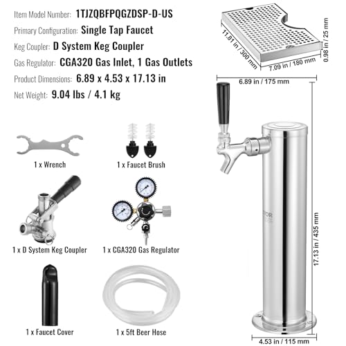 VEVOR Kegerator Tower Kit, Single Tap Beer Conversion Kit, Stainless Steel Keg Beer Tower Dispenser with Dual Gauge CGA320 Regulator & D-System Keg Coupler, Beer Drip Tray for Party Home - style: Single Tap