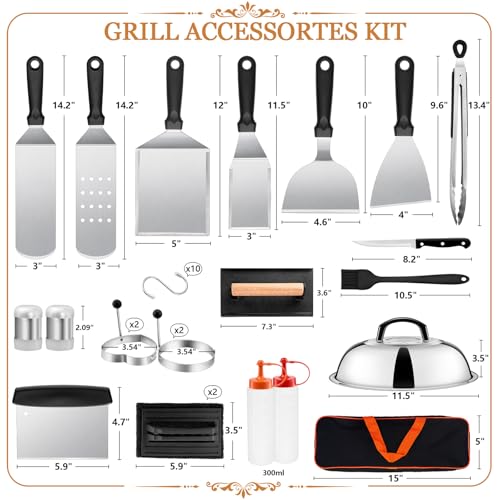 35PCS Griddle Accessories Kit, Leonyo Flat Top Grill Accessories, Grill Tools with Enlarged Spatulas, Melting Dome, Metal Scraper, Burger Press for Outdoor Barbecue Teppanyaki Hibachi Cooking - style: Rectangle Bacon Press