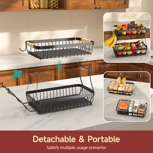 Sevenblue 2-Tier Fruit Basket with Banana Hangers, Detachable Metal Bowl | Wooden handle, protective mats included. Versatile holder for bread, snacks, and veggies. Extra Large 2 tier metal design. - color: Black, size: 2 Tier Extra Large