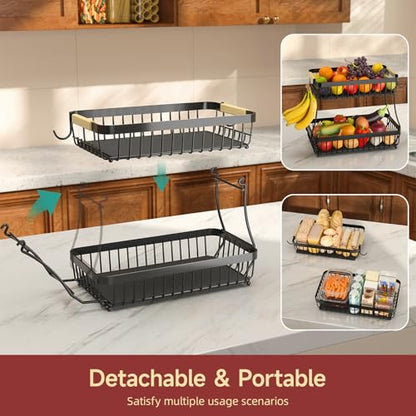 Sevenblue 3-Tier Fruit Basket with Banana Hangers, Detachable Metal Bowl | Wooden handle, protective mats included. Versatile holder for bread, snacks, and veggies. Large 3 tier metal design. - color: Silver, size: 3 Tier