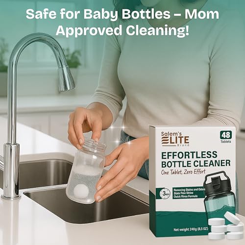 Salem’s Elite 48 Effervescent Water Bottle Cleaning Tablets | Tumbler Cleaning Tablets | Deodorizes & Removes Stains on Stainless Steel, Tumblers, Baby & Sports bottles (48, Large)
