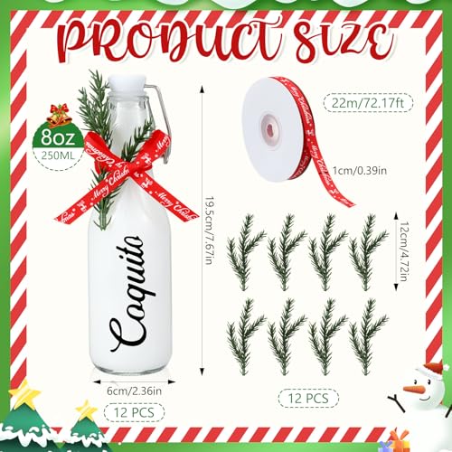 Sieral 12 Pack Christmas Coquito Bottle 8oz Clear Glass Flip Swing Top Beer Brewing Bottles with Ribbon and Artificial Branches for Liquids Wine Christmas Party Xmas Gifts - style: Coquito
