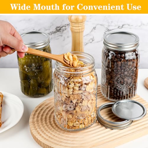HINGWAH Wide Mouth Mason Jars 32 oz, 6 Pack Large Quart Mason Jars with Airtight Lids and Bands, Clear Glass Canning Jars for Preserving, Pickling, Fermenting, Meal Prep & DIY Crafts (Sunflower) - size: 32oz- 6pack