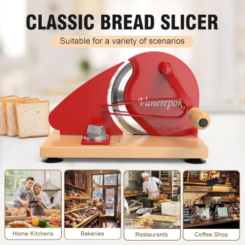 vanerepok Manual Bread Slicer Adjustable Thickness for Homemade Sourdough | Hand Crank Bread Cutter with Scale & Stable Suction Cups & Wood Base for Even Slicing Perfect Baking Gift for Home Bakers - color: Deep Red