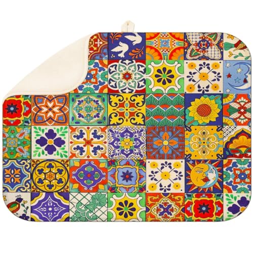 Mexican Talavera Tiles Dish Drying Mat for Kitchen Super Fast Absorbent Dishes Drainer Mat Large Dishes Drying Pad for Dishes, Pots and Pans, Utensils, Kitchen Countertop Decor 18x24 in - color: Mexican Talavera Tiles, size: 18"x24"