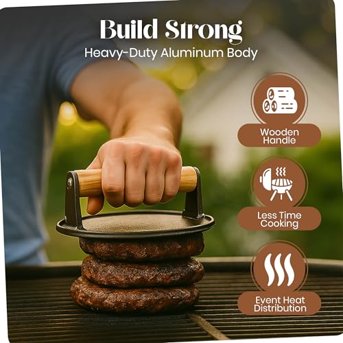 3-in-1 Cast Iron Smash Burger Press, 7.2'' Pre-Seasoned Cast Iron Hamburger Smasher, Grill Bacon Meat Press Tool Heat Resistant Burger Smasher for Griddle, Food, Chef