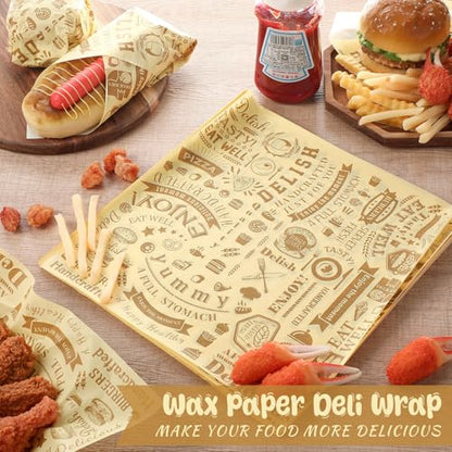 Outus 600 Pcs 12 x 12 Inch Deli Wax Paper Sheets Grease Resistant Tray Basket Liners Newsprint Paper Water and Grease Proof Sandwich Wrapping Square Hot Dog Wrappers for Food Baking (Light Yellow) - color: Light Yellow