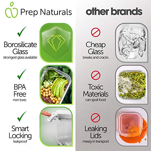 PrepNaturals 8팩 1020.6g(36온스) 유리 밀프렙 용기 - 식기 세척기 전자레인지 냉동고 오븐 사용 가능 - 뚜껑이 있는 유리 보관 용기 (멀티 칸) | 사각 붕규산 유리 밀프렙 용기 - 밀폐 누출 방지 뚜껑, 전자레인지, 오븐 및 냉동고 사용 가능 (8팩, 1.06g(36온스) - size: 8 Pack - 36oz