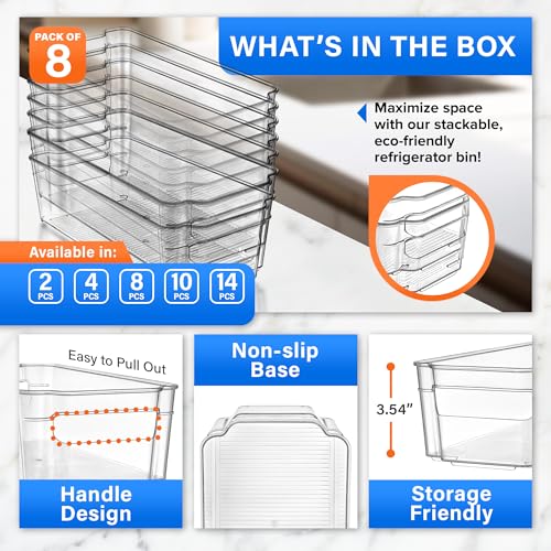 Lifemaster Multi-Purpose Refrigerator Bins - 8 Pieces Usable And Stackable Design Fridge Bin Organizer With Easy Grip Handles - Clear - size: 8 Pack