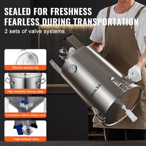 VEVOR Fermentation tank 8 Gallon Stainless Steel Beer Brew Fermentor Brew Bucket Fermentor for Home Brewing with Conical Base Brewing Equipment - size: 8 Gal-Fermenter1.0