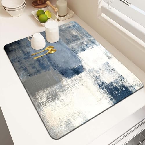 MCALK Blue Dish Drying Mat for Kitchen Counter, Grey Dish Drying Pad with Anti-Slip Rubber Base, Absorbent Kitchen Sink Mat with Abstract Art Decor (1 pc 18" x 16")