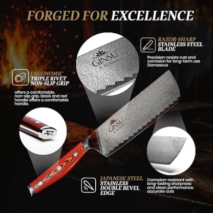 7" Cleaver - Stainless Steel AUS 10 Damascus - Heritage Collection - Authentic Japanese Performance in Your Kitchen