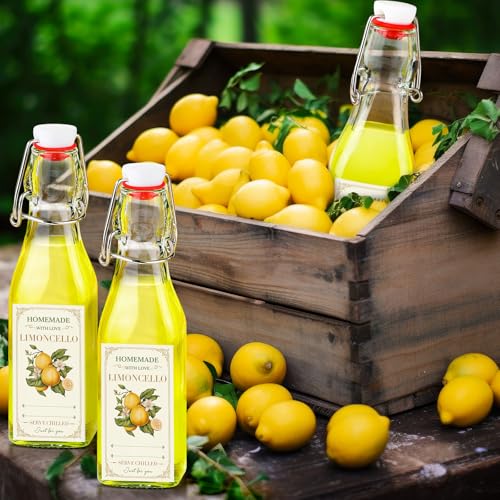 Havawish 12 Sets Limoncello Swing Top Glass Bottles for Homemade 8 oz Flip Clear Top Lemoncello Bottles with Labels Stoppers for Home Brewing Gifts Wedding Lemon Italian Summer Party Favors(Square) - style: Square
