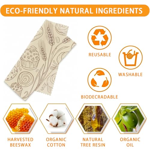 Reusable Beeswax Wrap, Bakery and Coffee Wraps, 9 Pack Eco-Friendly Food Preservation, Organic, Sustainable, Zero Waste, Plastic-Free Covers for Sandwich, Bread, Bowl, 1XL, 3M, 5S - color: Brown Bakery
