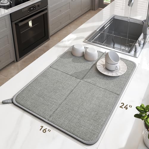 YDKGL Dish Drying Mat for Kitchen Counter, Ultra Absorbent & Fast Drying Dish Mat Machine Washable Foldable Drying Pad for Countertops, Sinks, Draining Racks, Grey - size: 16" x 24"