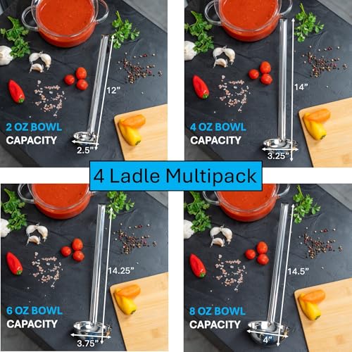 Whysko Soup Ladles Stainless Steel Multipack, 2, 4, 6 & 8 oz Metal Ladle Spoons, Rustproof Heat-Resistant Materials for Cooking and Serving Soups and Sauces, Commercial Grade Kitchen Essentials - size: Multipack (4 Pack)