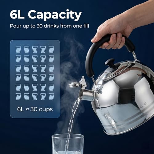 Whistling Tea Kettle for Stove Top,304 Stainless Steel Tea Kettles,6L/6.3QT Tea Kettles for Kitchen,Camping,Traveling,Portable,Fast to Boil - size: 6.3 Quarts