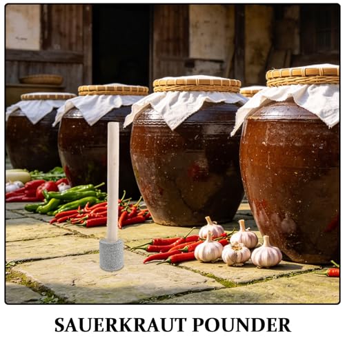 Sauerkraut Tamper: Wooden Handle Vegetable Tamper with Granite Pestle Head - Food Masher Sauerkraut Pounder for Home Fermentation Pickling and Kimchi Making - size: 32.00X5.50X5.50CM