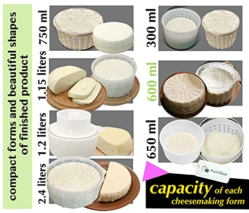 PetriStor 7pcs Cheese Making Kit Beginners №1 - Soft Cheese Molds + Cheese Mold with a Follower Piston - Cheese Making Supplies - Cream Cheese Form Mold Basket