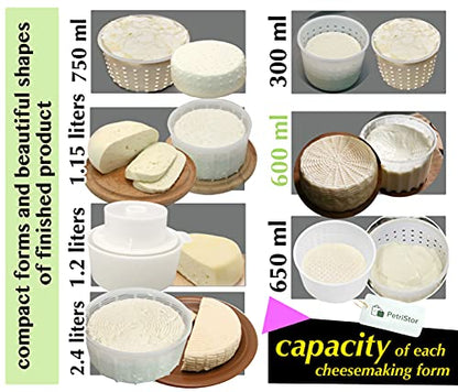 PetriStor 7pcs Cheese Making Kit Beginners №1 - Soft Cheese Molds + Cheese Mold with a Follower Piston - Cheese Making Supplies - Cream Cheese Form Mold Basket