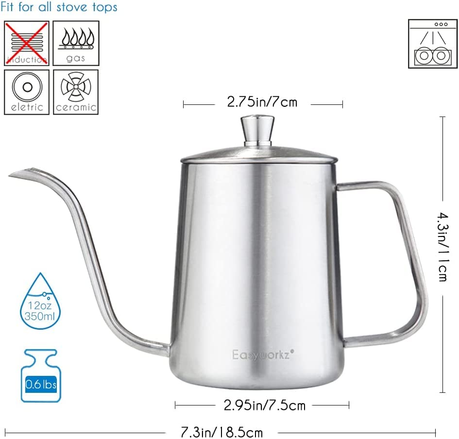 Easyworkz Gage Gooseneck Pour Over Coffee Kettle 20 oz Stainless Steel Hand Drip Long Narrow Spout, Silver - color: Silver