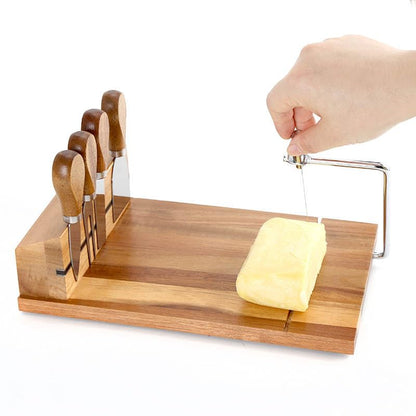 Cheese Slicer (11.7” x 9” x 3”) - Acacia Wood Board Cheese Cutter with Wire - 4 Magnetic Cheese Knife Set w/ Anti-Slip Board - Stainless Steel Cheese Slicers for Block Cheese w/ Replacement Wire