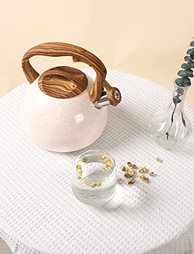 BELANKO 2.7 Quart Tea Kettle for Stovetops - Food Grade Stainless Steel Teapot with Loud Whistle, Cool-Touch Wood Pattern Handle, Rust-Resistant Whistling Kettle - Starry Cream - color: Starry Cream