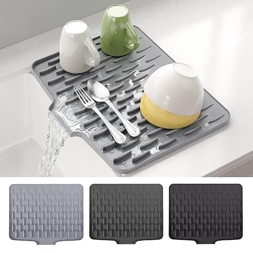CHIKILLA Silicone Dish Drying Mat for Kitchen Counter, Fast Drainage Design for Vegetables Fruits, Heat Resistant, Non-Slip , Dishwasher Safe – 15.7x13 inch Silk Gray - color: A:Silk Gray