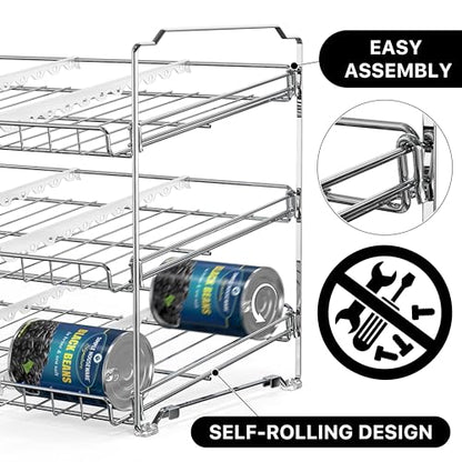 Simple Houseware Stackable Can Organizer Rack for Pantry/Cabinet – 11.5" D x 17" W x 13.75" H, Holds 36 Cans, 3-Tier Can Food Storage Dispenser, Chrome - color: Chrome